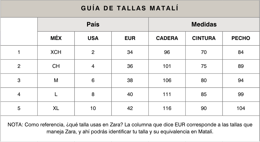 Guía de tallas Matalí