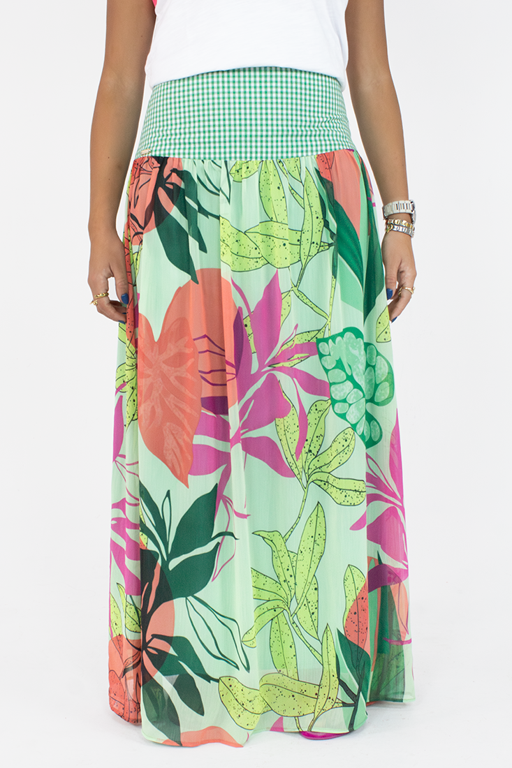 Falda ROMINA Verde Floreada con fajín verde cuadros